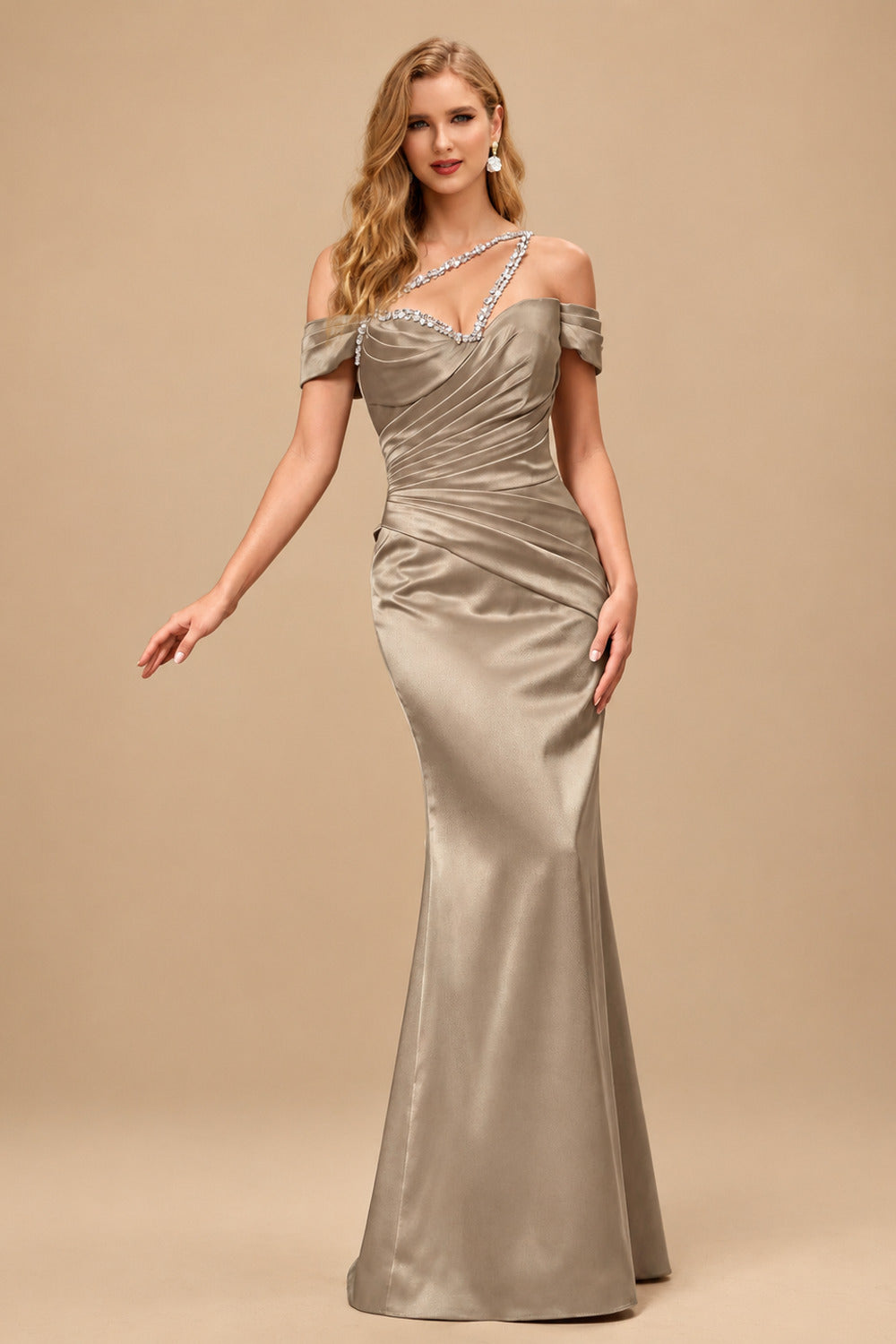 Rutipo Taupe Sheath/Column One-Shoulder Sleeveless Floor-Length Satin Prom Dresses