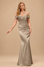 Rutipo Taupe Sheath/Column One-Shoulder Sleeveless Floor-Length Satin Prom Dresses