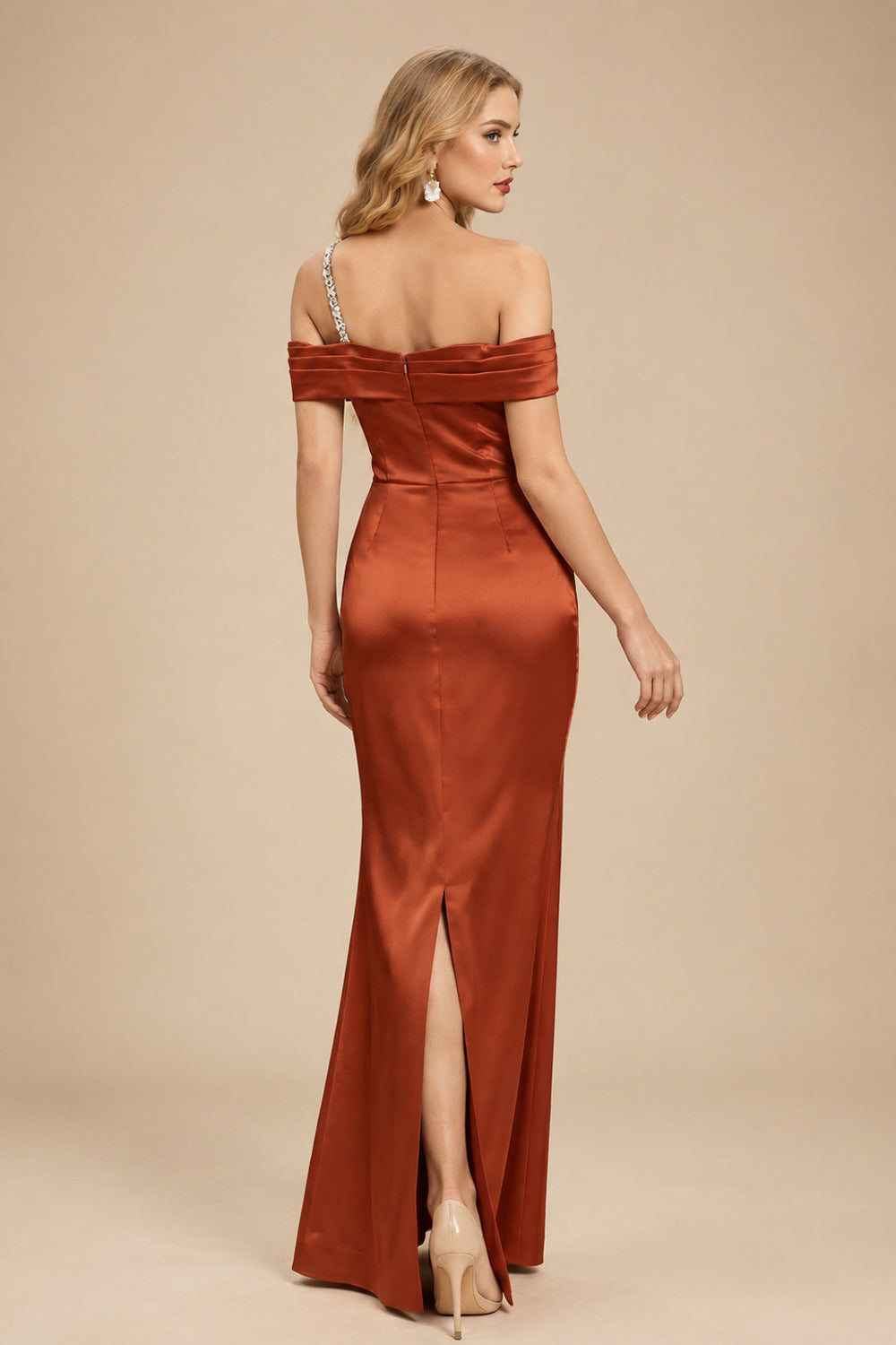 Rutipo Terracotta Sheath/Column One-Shoulder Sleeveless Floor-Length Satin Prom Dresses