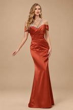 Rutipo Terracotta Sheath/Column One-Shoulder Sleeveless Floor-Length Satin Prom Dresses