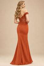Rutipo Burnt Orange Trumpet/Mermaid Silk Like Satin Prom Dresses With Lace/High Split
