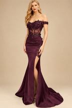 Rutipo Cabernet Trumpet/Mermaid Silk Like Satin Prom Dresses With Lace/High Split