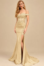 Rutipo Champagne Trumpet/Mermaid Silk Like Satin Prom Dresses With Lace/High Split