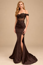 Rutipo Chocolate Trumpet/Mermaid Silk Like Satin Prom Dresses With Lace/High Split