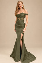 Rutipo Olive Green Trumpet/Mermaid Silk Like Satin Prom Dresses With Lace/High Split