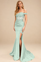 Rutipo Sage Green Trumpet/Mermaid Silk Like Satin Prom Dresses With Lace/High Split