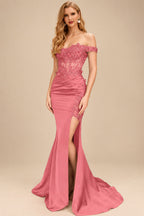Rutipo Watermelon Trumpet/Mermaid Silk Like Satin Prom Dresses With Lace/High Split