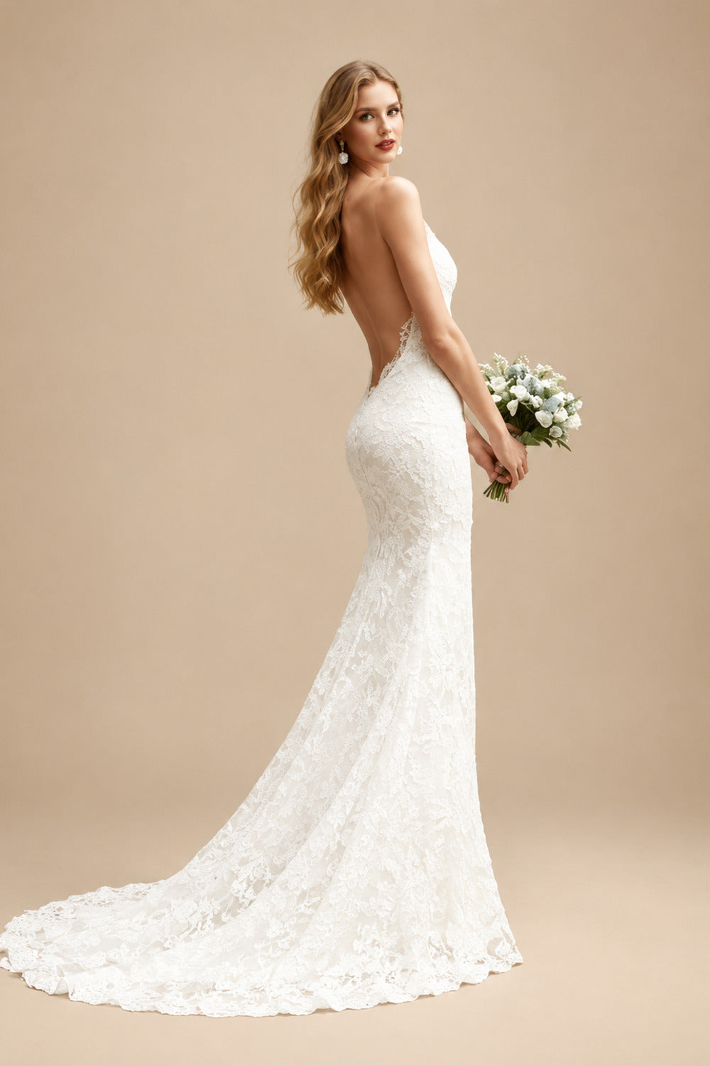 Rutipo Ivory Trumpet/Mermaid V-Neck Court Train Wedding Dresses With Lace