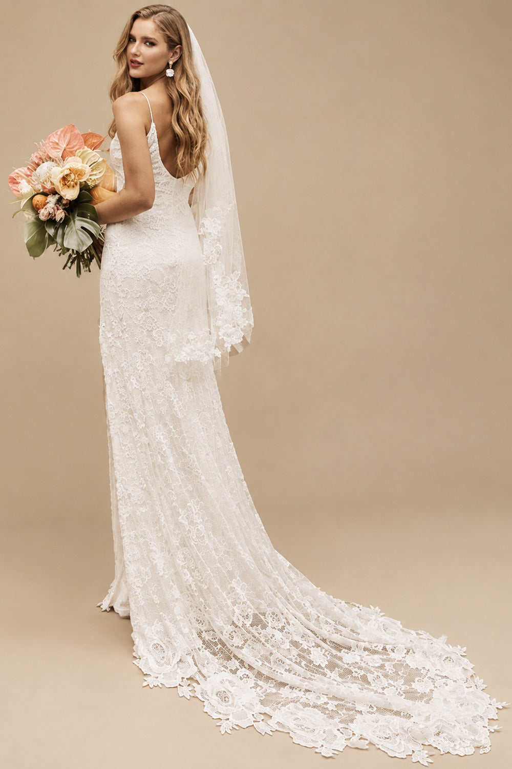 Rutipo Ivory A-Line V Neck Lace Sweep Train Wedding Dresses With Split Front