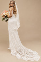 Rutipo Ivory A-Line V Neck Lace Sweep Train Wedding Dresses With Split Front