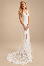 Rutipo Ivory A-Line V Neck Lace Sweep Train Wedding Dresses With Split Front