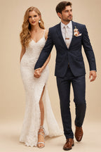 Rutipo Ivory A-Line V Neck Lace Sweep Train Wedding Dresses With Split Front