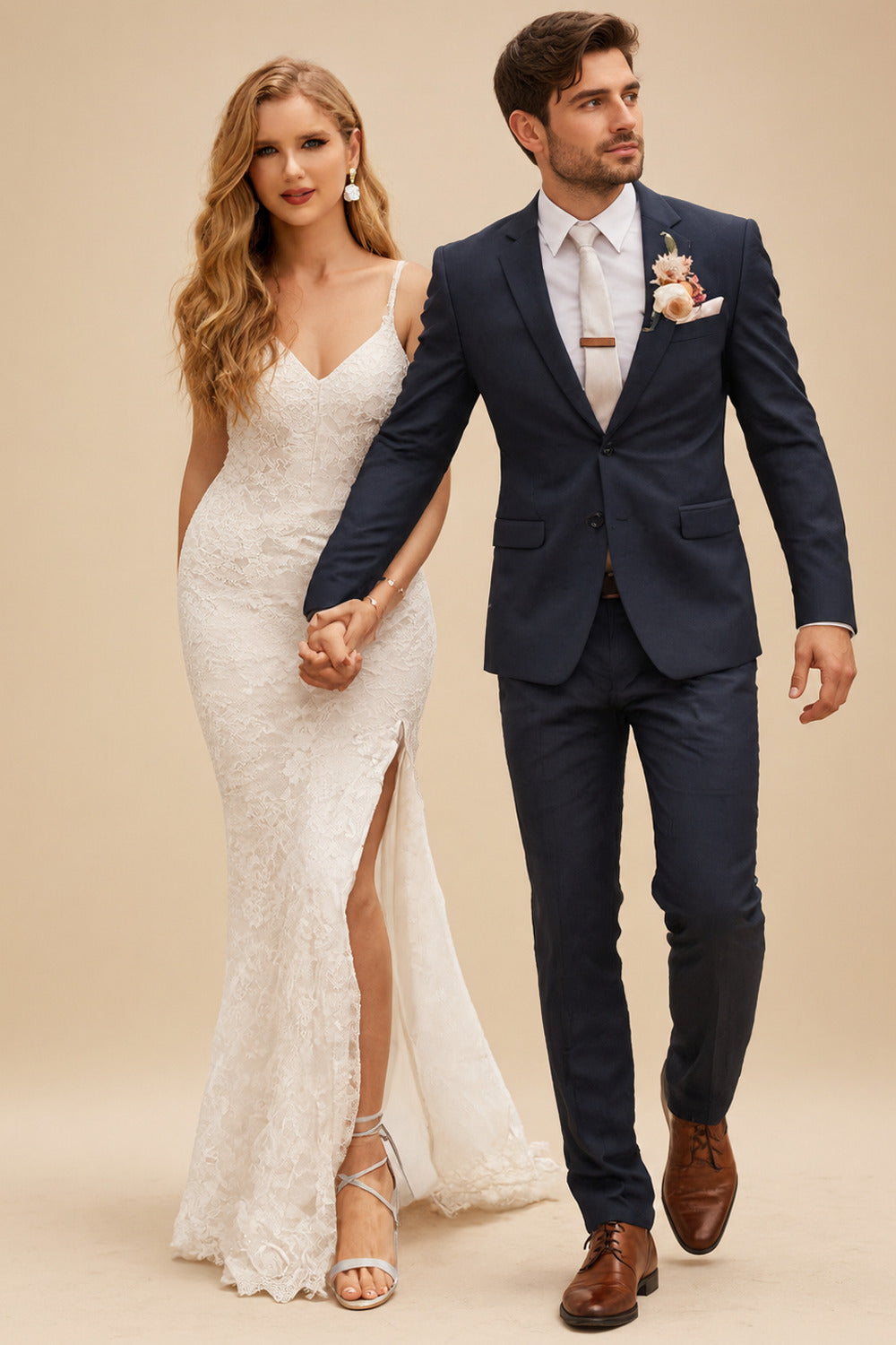 Rutipo Ivory A-Line V Neck Lace Sweep Train Wedding Dresses With Split Front