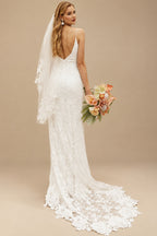 Rutipo Ivory A-Line V Neck Lace Sweep Train Wedding Dresses With Split Front