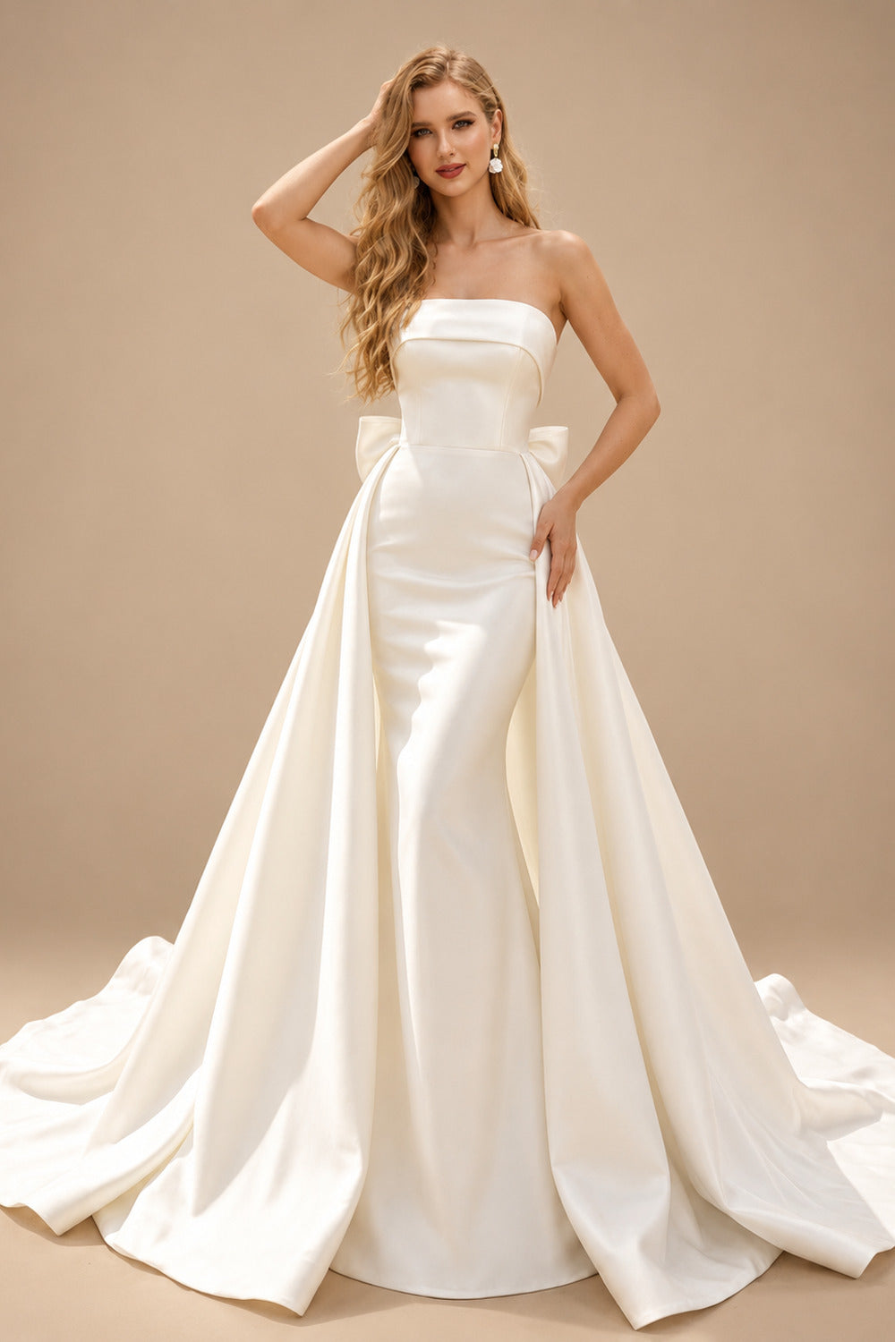 Rutipo Ivory A-Line Strapless Satin Court Train Wedding Dresses With Bow(s)