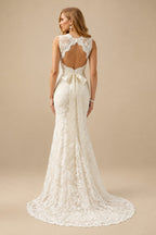 Rutipo As Picture Sheath/Column V-Neck Lace Sweep Train Wedding Dresses With Bow(s) Lace
