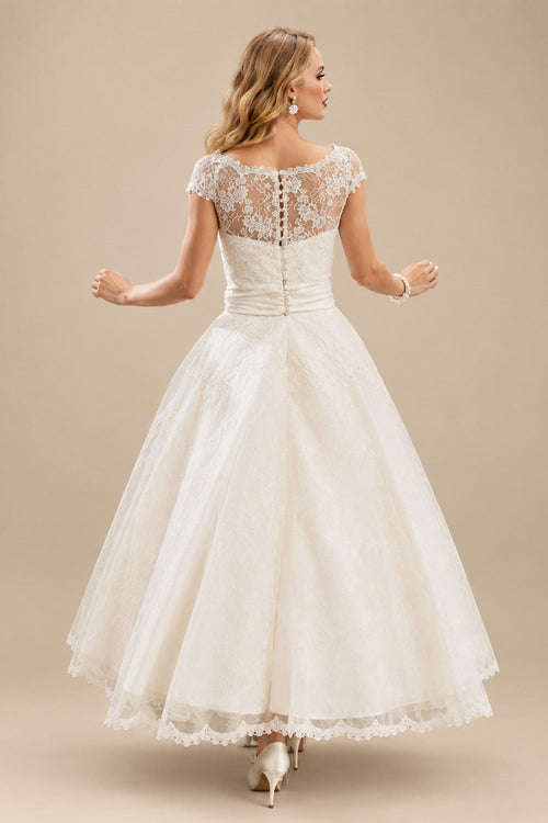 Rutipo Ivory A-Line Scoop Neck Tea-Length Tulle Wedding Dresses With Lace