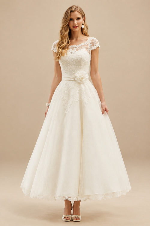 Rutipo Ivory A-Line Scoop Neck Tea-Length Tulle Wedding Dresses With Lace