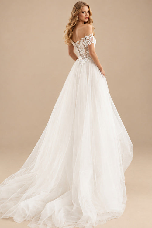 Rutipo Ivory A-Line Off-The-Shoulder Short Sleeves Lace Tulle Court Train Wedding Dresses With Lace
