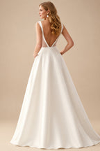 Rutipo Ivory A-Line V-Neck Sleeveless Satin Sweep Train Wedding Dresses With Pleated