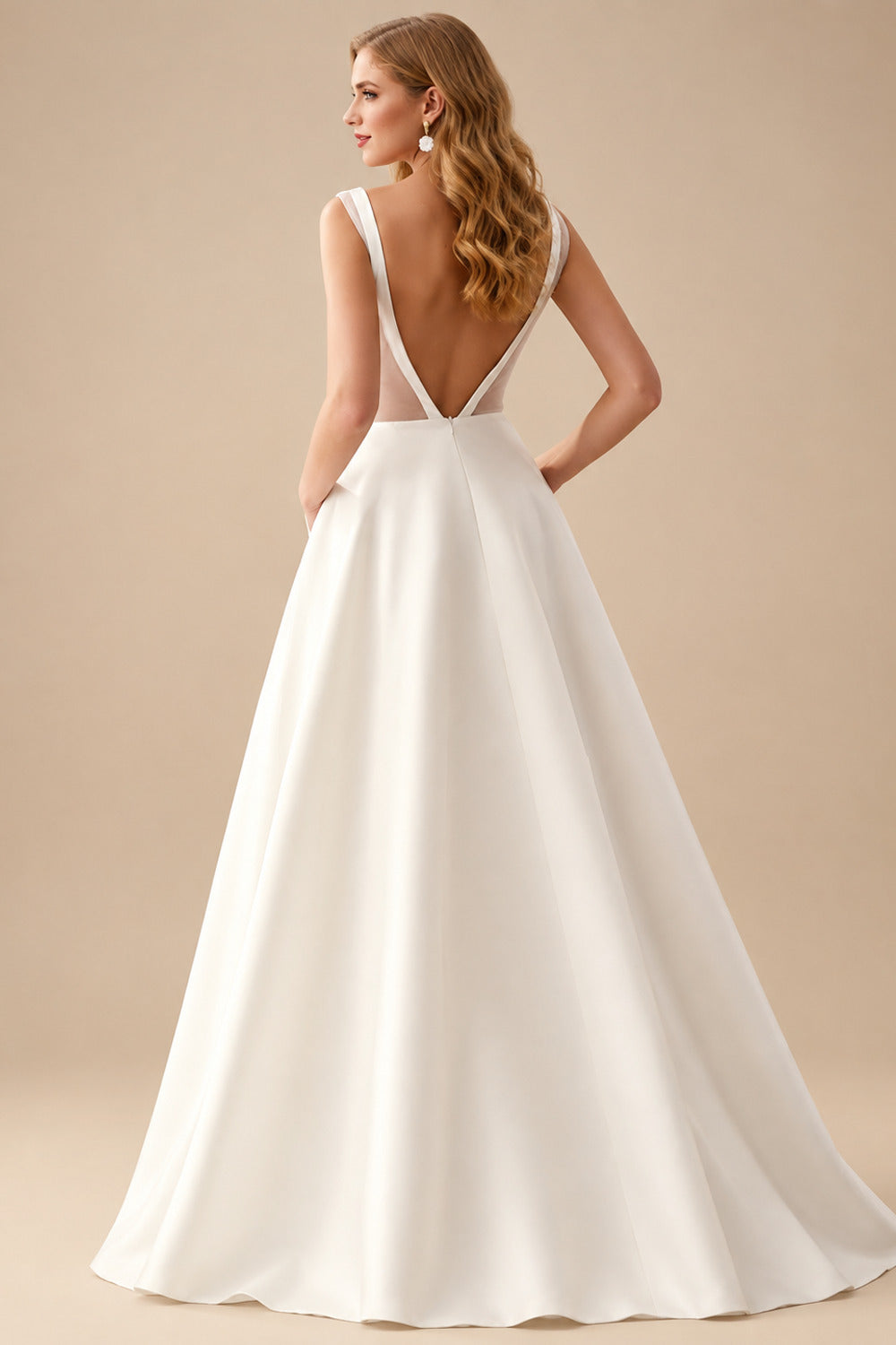 Rutipo Ivory A-Line V-Neck Sleeveless Satin Sweep Train Wedding Dresses With Pleated