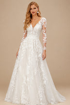 Rutipo Ivory A-Line V-Neck Long Sleeves Tulle Lace Chapel Train Wedding Dresses With Appliques Lace