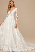 Rutipo Ivory A-Line V-Neck Long Sleeves Tulle Lace Chapel Train Wedding Dresses With Appliques Lace