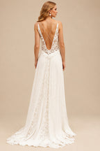 Rutipo Ivory A-Line V-Neck Sleeveless Chiffon Lace Sweep Train Wedding Dresses WIth Lace Split Front