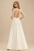 Rutipo Ivory A-Line V-Neck 3/4 Sleeves Chiffon Lace Sweep Train Wedding Dresses With Pleated Lace