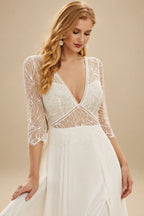 Rutipo Ivory A-Line V-Neck 3/4 Sleeves Chiffon Lace Sweep Train Wedding Dresses With Pleated Lace