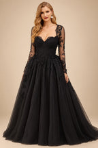 Rutipo Black Ball-Gown Sweetheart Long Sleeves Lace Court Train Wedding Dresses With Lace