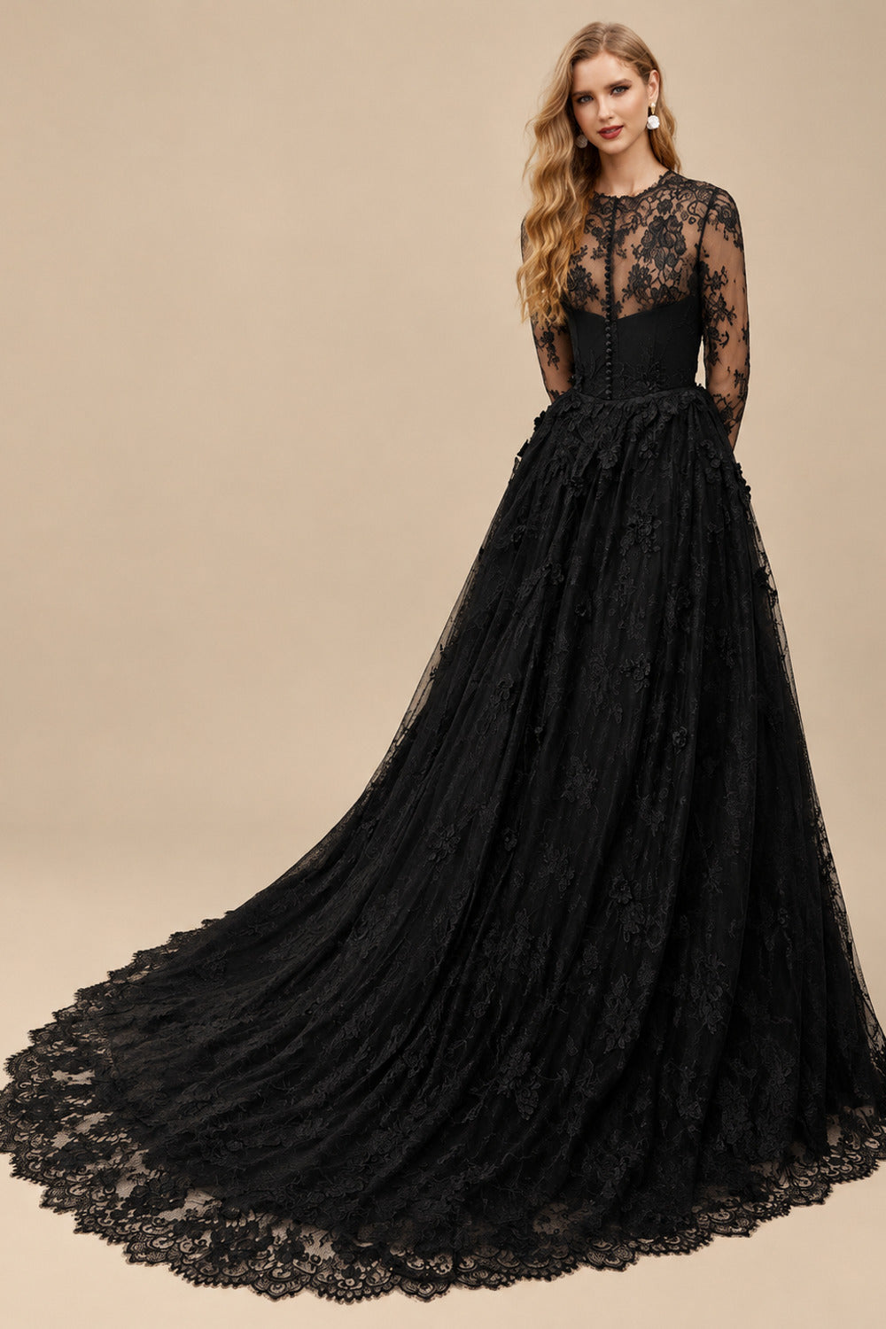 Rutipo Black Ball-Gown Sweetheart Long Sleeves Lace Court Train Wedding Dresses With Lace