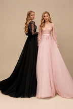 Rutipo Black Ball-Gown V-Neck Long Sleeves Lace Tulle Sweep Train Wedding Dresses With Lace
