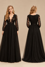 Rutipo Black Ball-Gown V-Neck Long Sleeves Lace Tulle Sweep Train Wedding Dresses With Lace