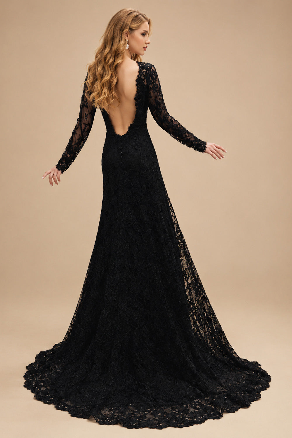 Rutipo Black Sheath/Column High Neck Long Sleeves Lace Sweep Train Wedding Dresses With Split Front Lace
