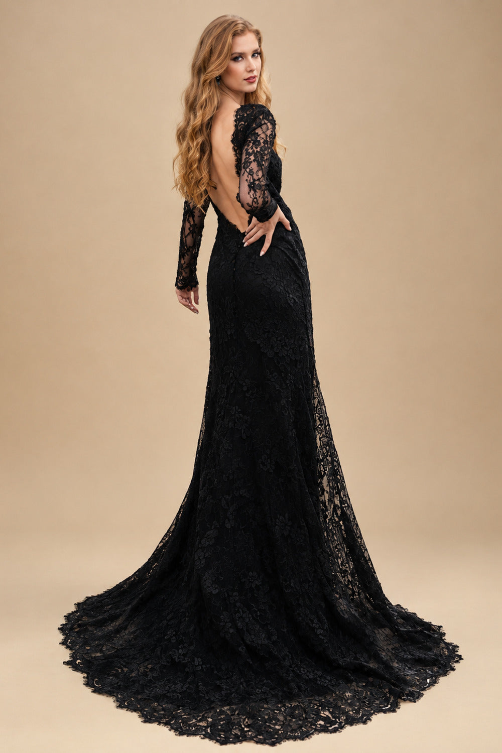 Rutipo Black Sheath/Column High Neck Long Sleeves Lace Sweep Train Wedding Dresses With Split Front Lace