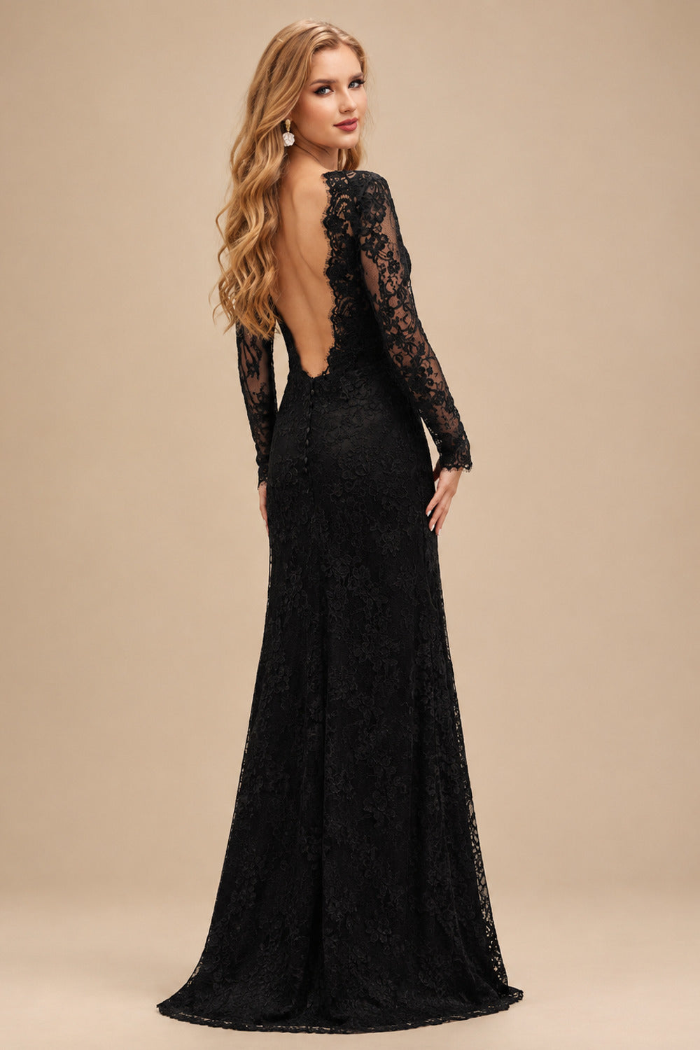 Rutipo Black Sheath/Column High Neck Long Sleeves Lace Sweep Train Wedding Dresses With Split Front Lace