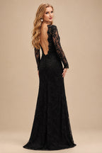 Rutipo Black Sheath/Column High Neck Long Sleeves Lace Sweep Train Wedding Dresses With Split Front Lace