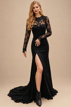 Rutipo Black Sheath/Column High Neck Long Sleeves Lace Sweep Train Wedding Dresses With Split Front Lace