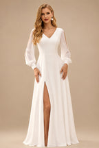 Rutipo Ivory A-Line V-Neck Long Sleeves Chiffon Sweep Train Wedding Dress With Split Front