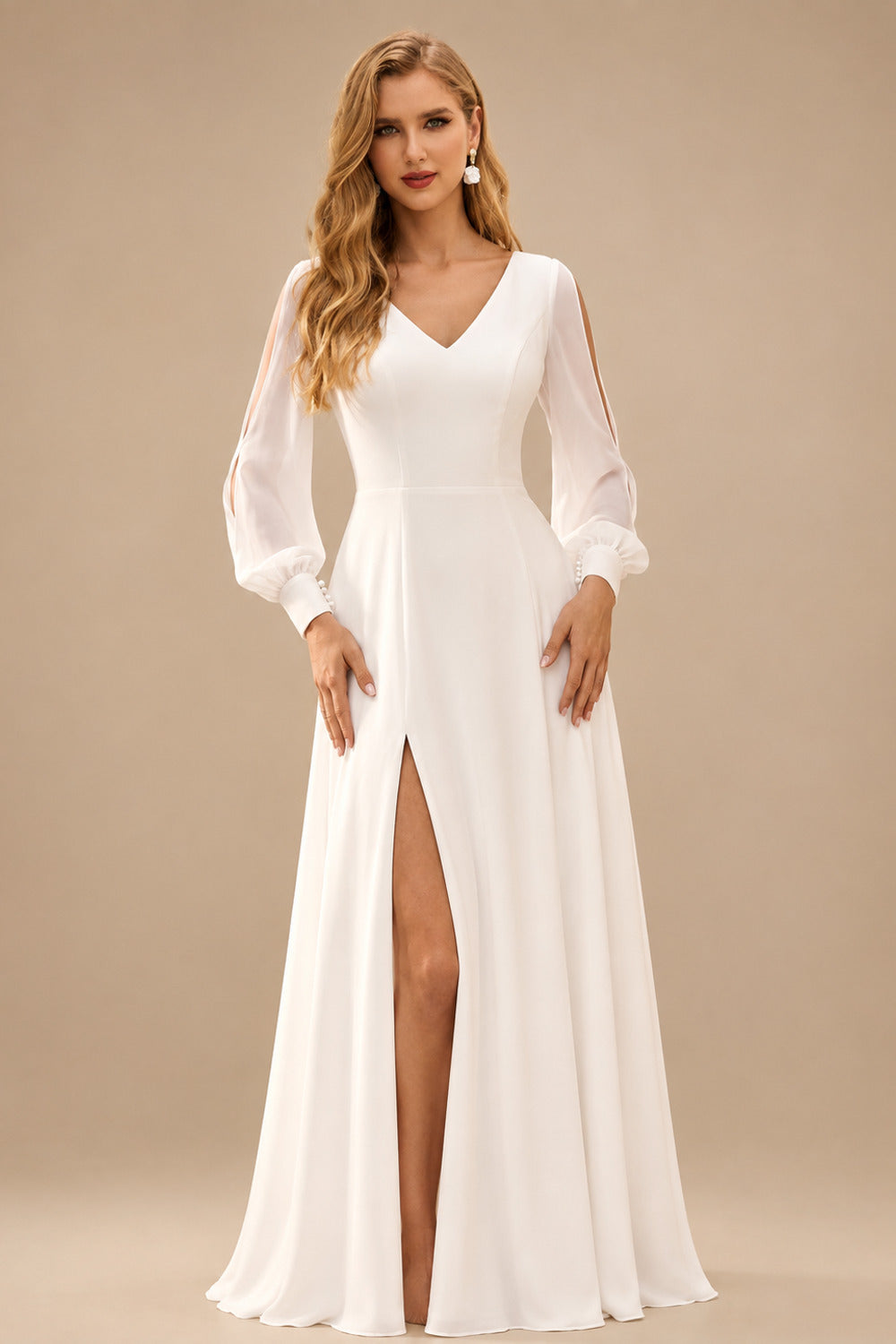 Rutipo Ivory A-Line V-Neck Long Sleeves Chiffon Sweep Train Wedding Dress With Split Front