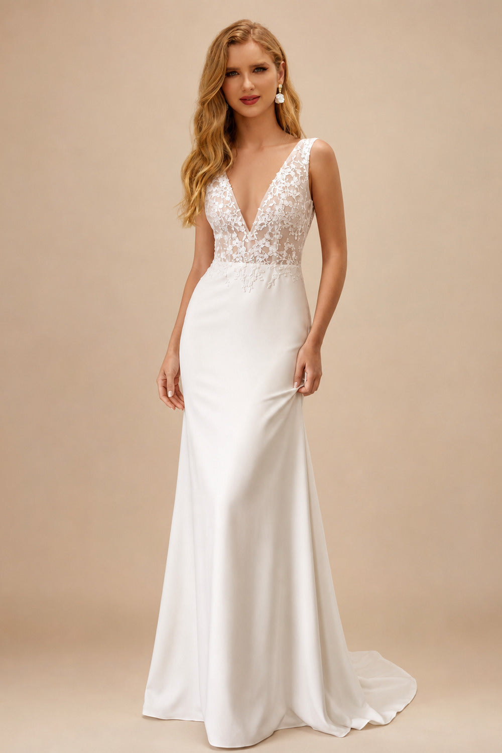 Rutipo Ivory A-Line V-Neck Sleeveless Lace Sweep Train Wedding Dress With Lace