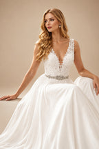 Rutipo Ivory A-Line V-Neck Sleeveless Lace Court Train Wedding Dress With Lace