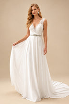 Rutipo Ivory A-Line V-Neck Sleeveless Lace Court Train Wedding Dress With Lace
