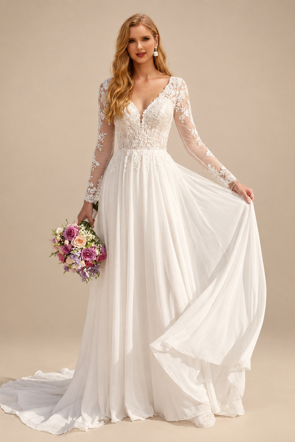 Rutipo Ivory A-Line V-Neck Long Sleeves Chiffon Court Train Wedding Dress With Lace
