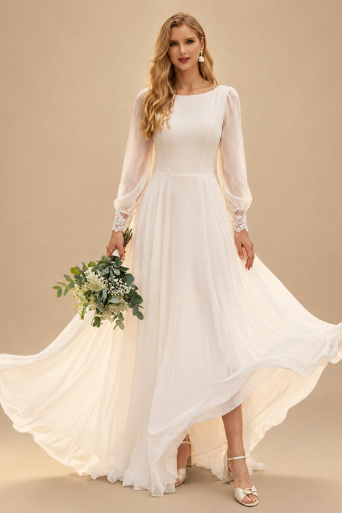Rutipo Ivory A-Line Scoop Neck Long Sleeves Chiffon Court Train Wedding Dress With Lace