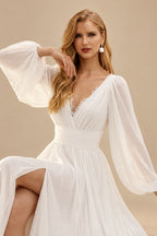 Rutipo Ivory A-Line V-Neck Long Sleeves Chiffon Lace Court Train Wedding Dress