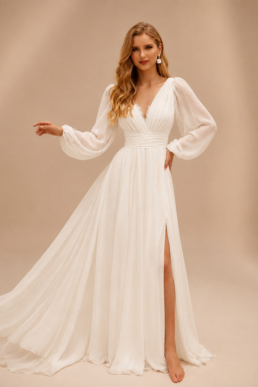 Rutipo Ivory A-Line V-Neck Long Sleeves Chiffon Lace Court Train Wedding Dress