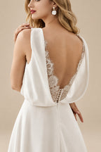 Rutipo Ivory A-Line V-Neck Sleeveless Chiffon Lace Sweep Train Wedding Dress