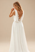 Rutipo Ivory A-Line V-Neck Sleeveless Chiffon Lace Sweep Train Wedding Dress